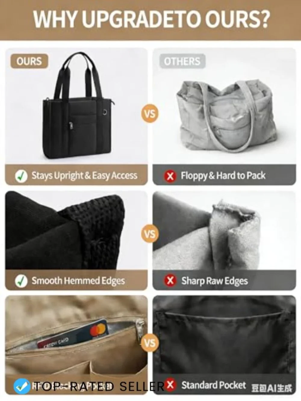 Puffer Work Tote Bag Lightweight Multi-Pocket RFID Laptop Bag Crossbody